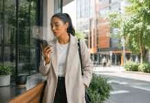 Mujer hablando por celular en un entorno urbano moderno mientras utiliza herramientas digitales para orientarse y comprender información cotidiana.