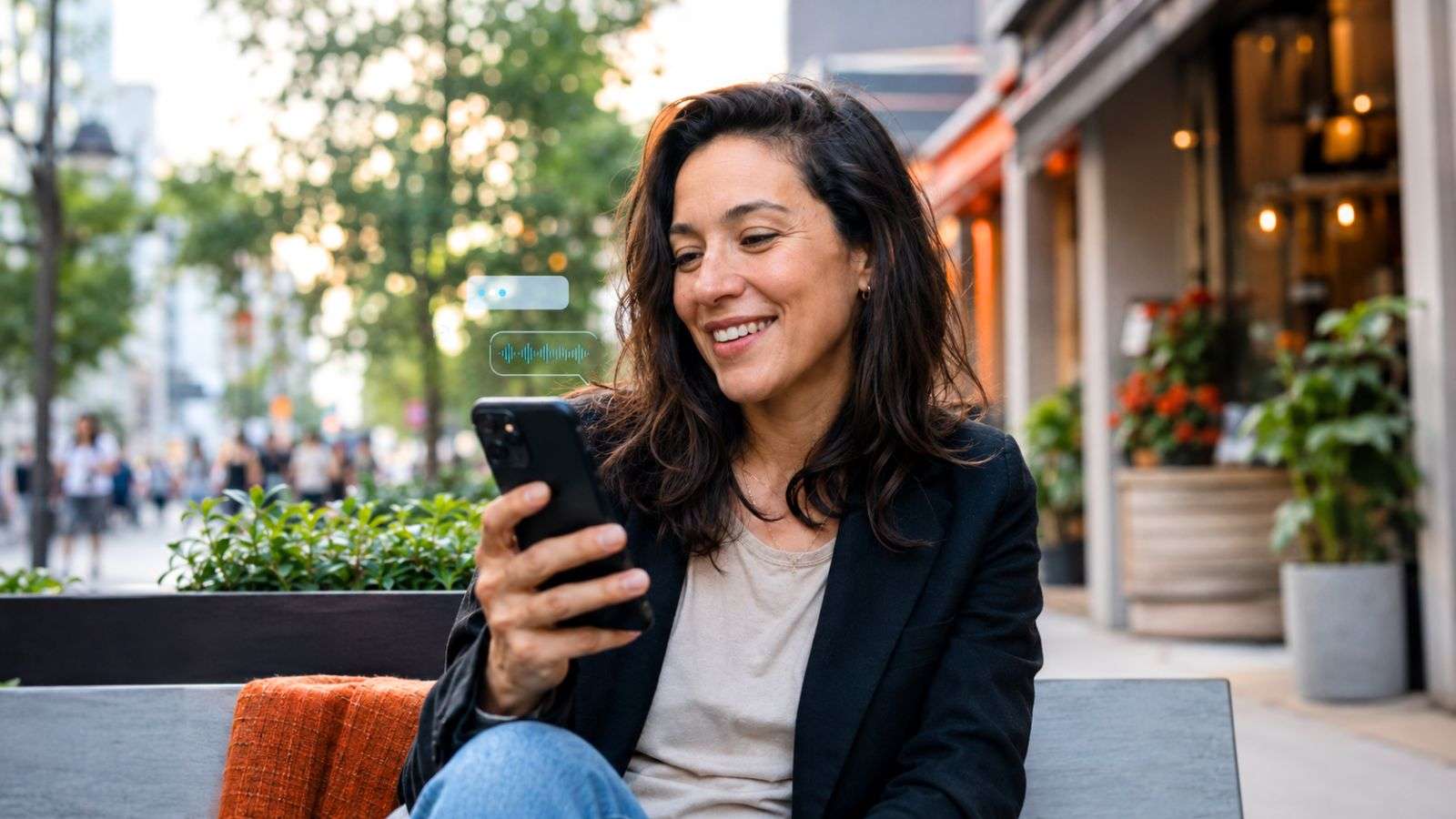 Persona comunicando una idea con tecnología cerca en una escena relacionada con inteligencia artificial, claridad humana y comunicación digital.