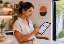 Mujer revisando una compra en línea en tablet, en una escena sobre confianza digital y negocios digitales.