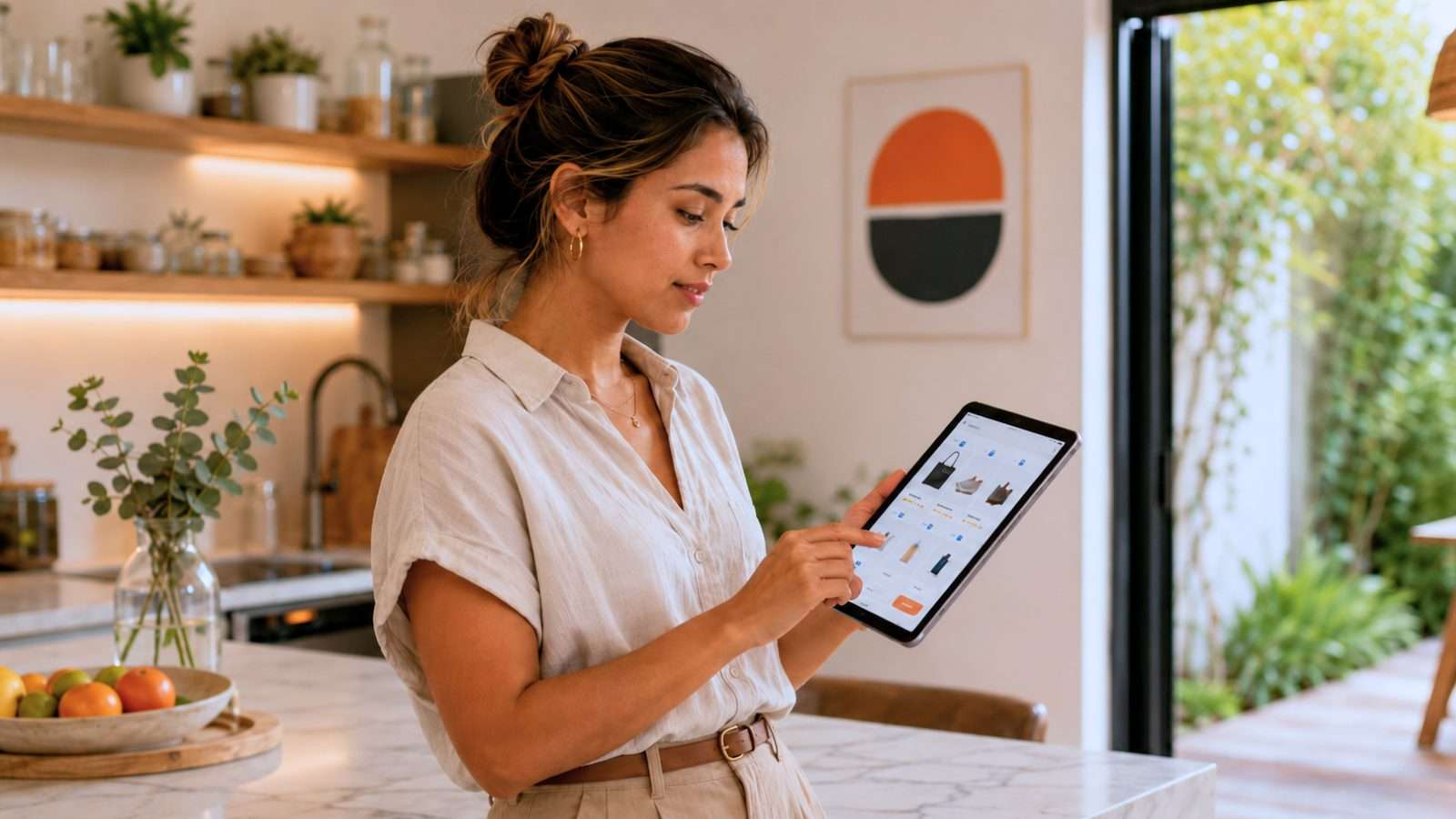 Mujer revisando una compra en línea en tablet, en una escena sobre confianza digital y negocios digitales.
