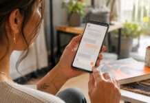 Generar y enviar mensajes con IA exige comunicar con sentido Alt: Mujer revisando un mensaje en su teléfono antes de enviarlo, en una escena relacionada con inteligencia artificial, comunicación digital y edición de mensajes.