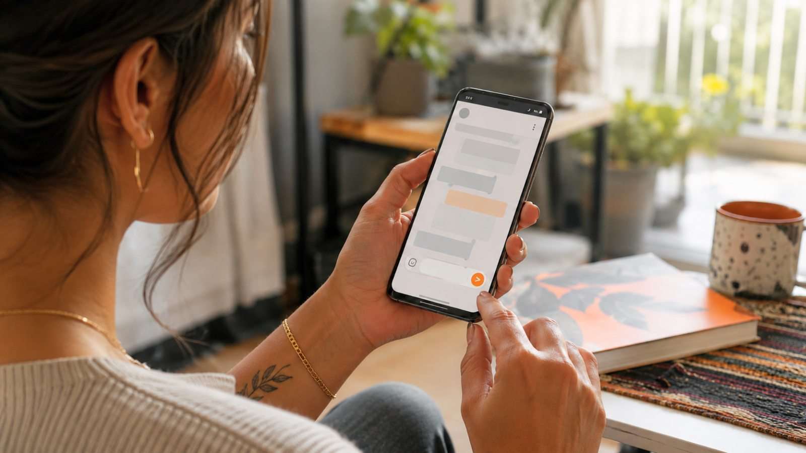 Alt: Mujer revisando un mensaje en su teléfono antes de enviarlo, en una escena relacionada con inteligencia artificial, comunicación digital y edición de mensajes.