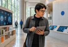 Las herramientas digitales comienzan a acompañar nuevos procesos de aprendizaje Persona contemporánea interactuando con herramientas digitales de aprendizaje dentro de un espacio moderno de conocimiento y exploración de información.