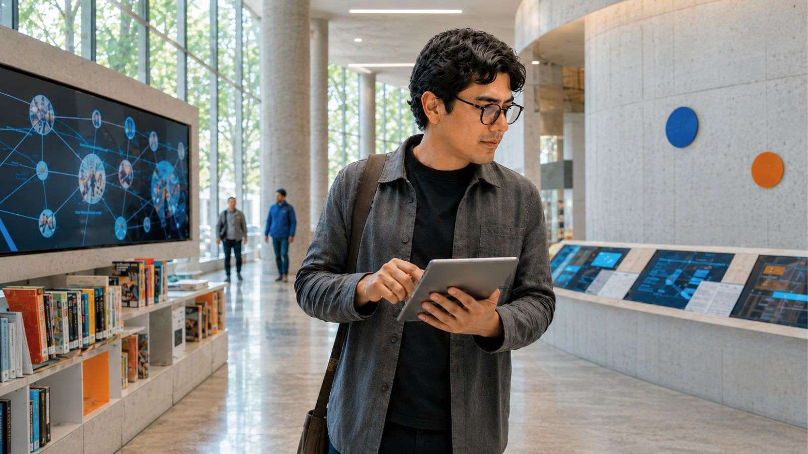 Persona contemporánea interactuando con herramientas digitales de aprendizaje dentro de un espacio moderno de conocimiento y exploración de información.