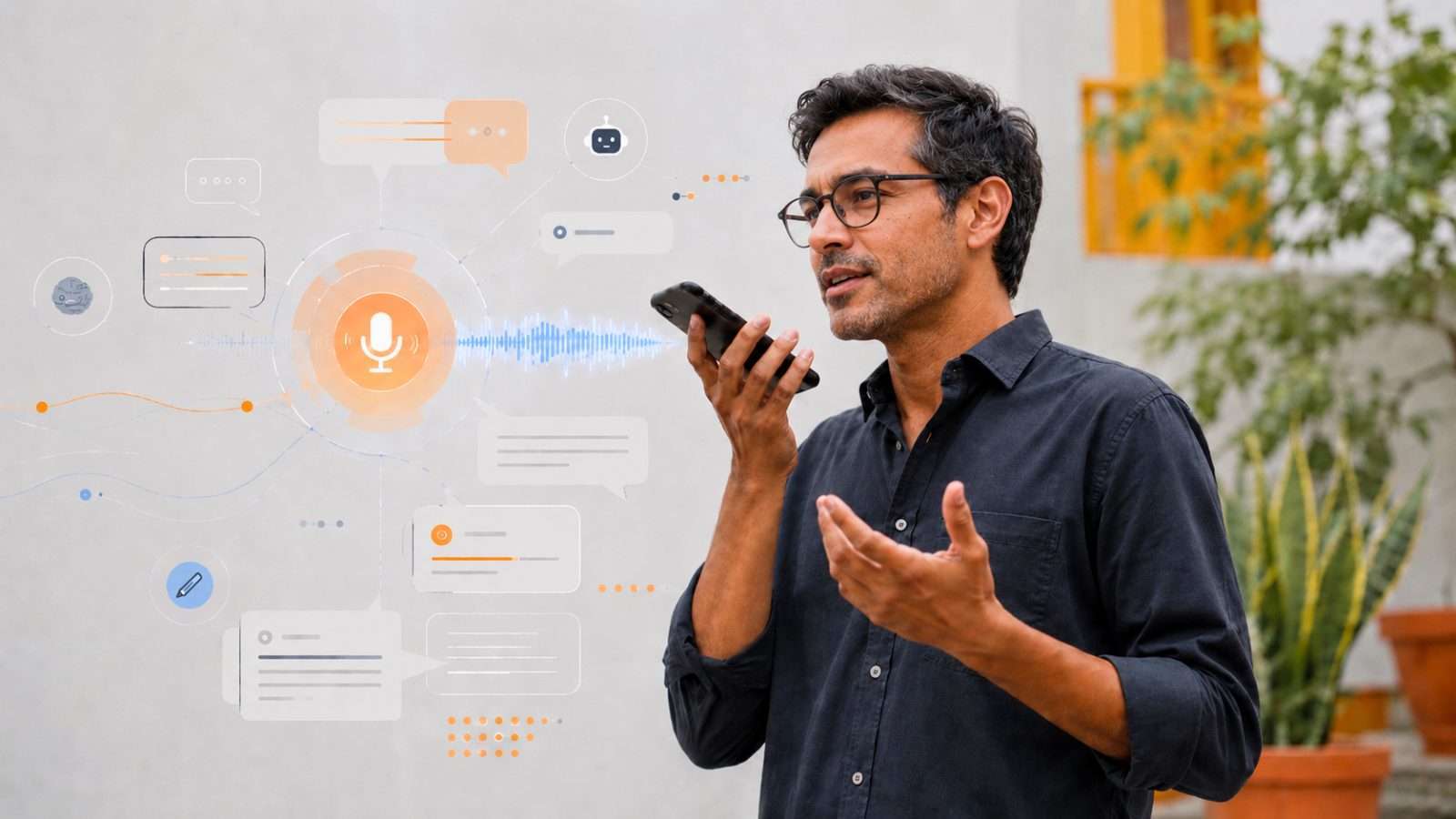 Persona de pie interactuando con su smartphone en una escena relacionada con herramientas de IA, voz, escritura y comunicación digital contemporánea.