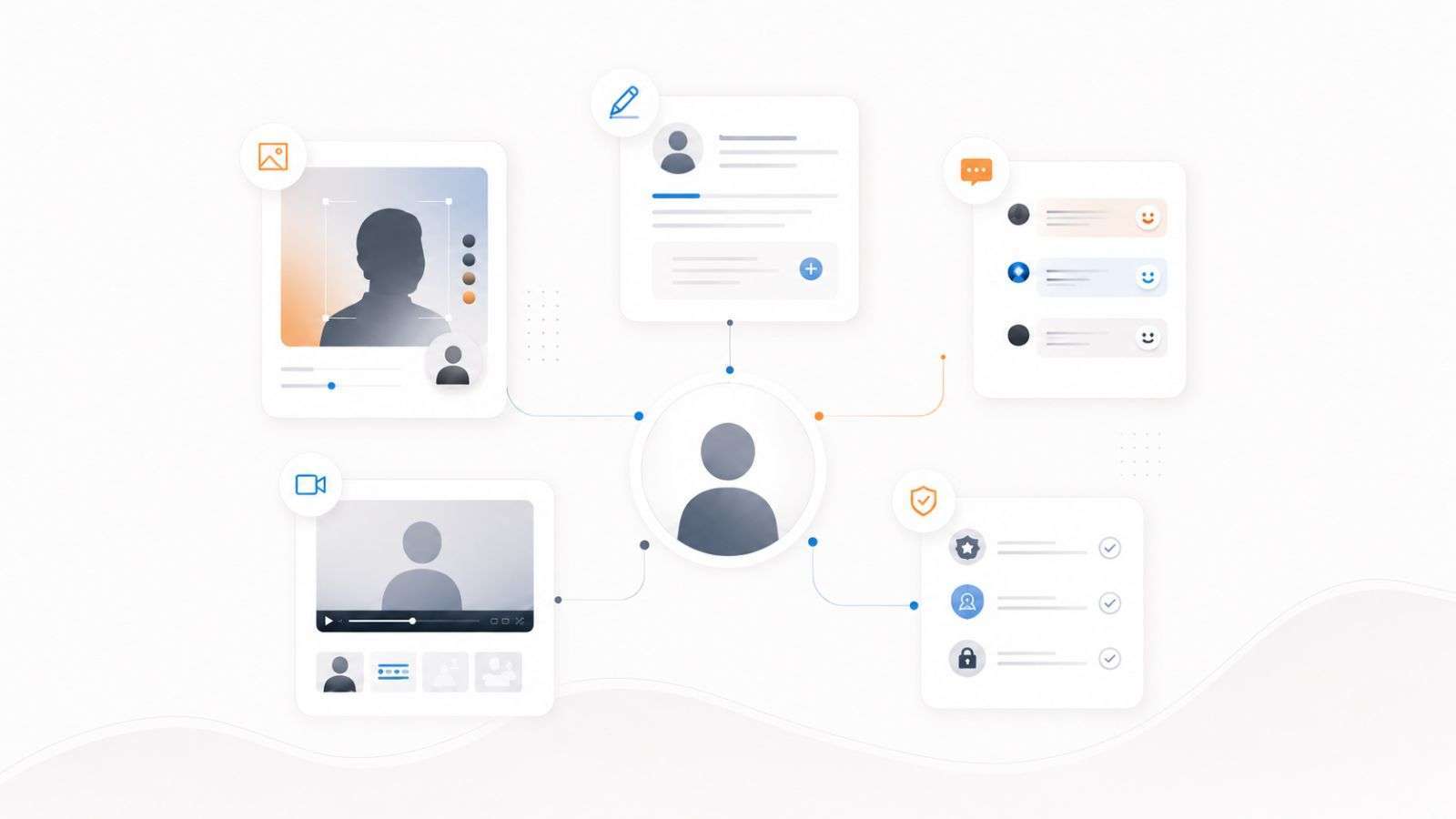 Ilustración conceptual de herramientas de IA para mejorar imagen en internet, con paneles de perfil, mensajes, video y marca personal.