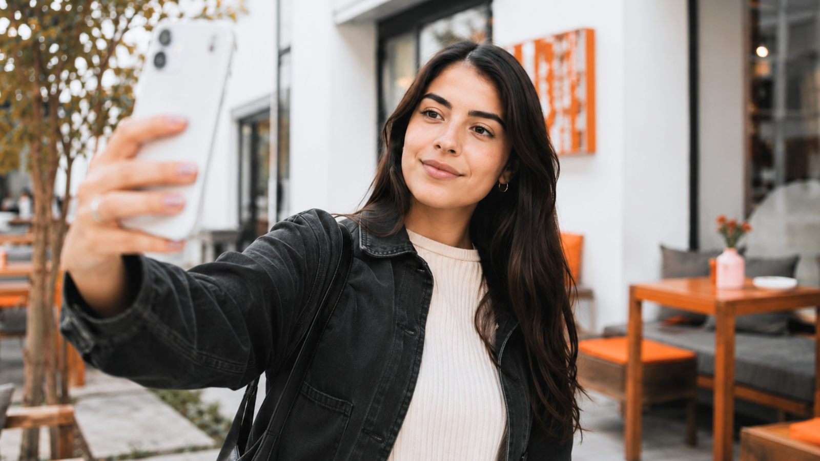 Joven tomándose una selfie en un espacio público tranquilo.