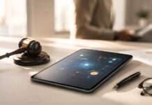 Martillo de juez discreto sobre una mesa junto a una tablet con interfaz de inteligencia artificial y una persona desenfocada al fondo