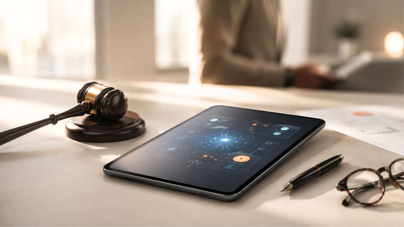 Martillo de juez discreto sobre una mesa junto a una tablet con interfaz de inteligencia artificial y una persona desenfocada al fondo