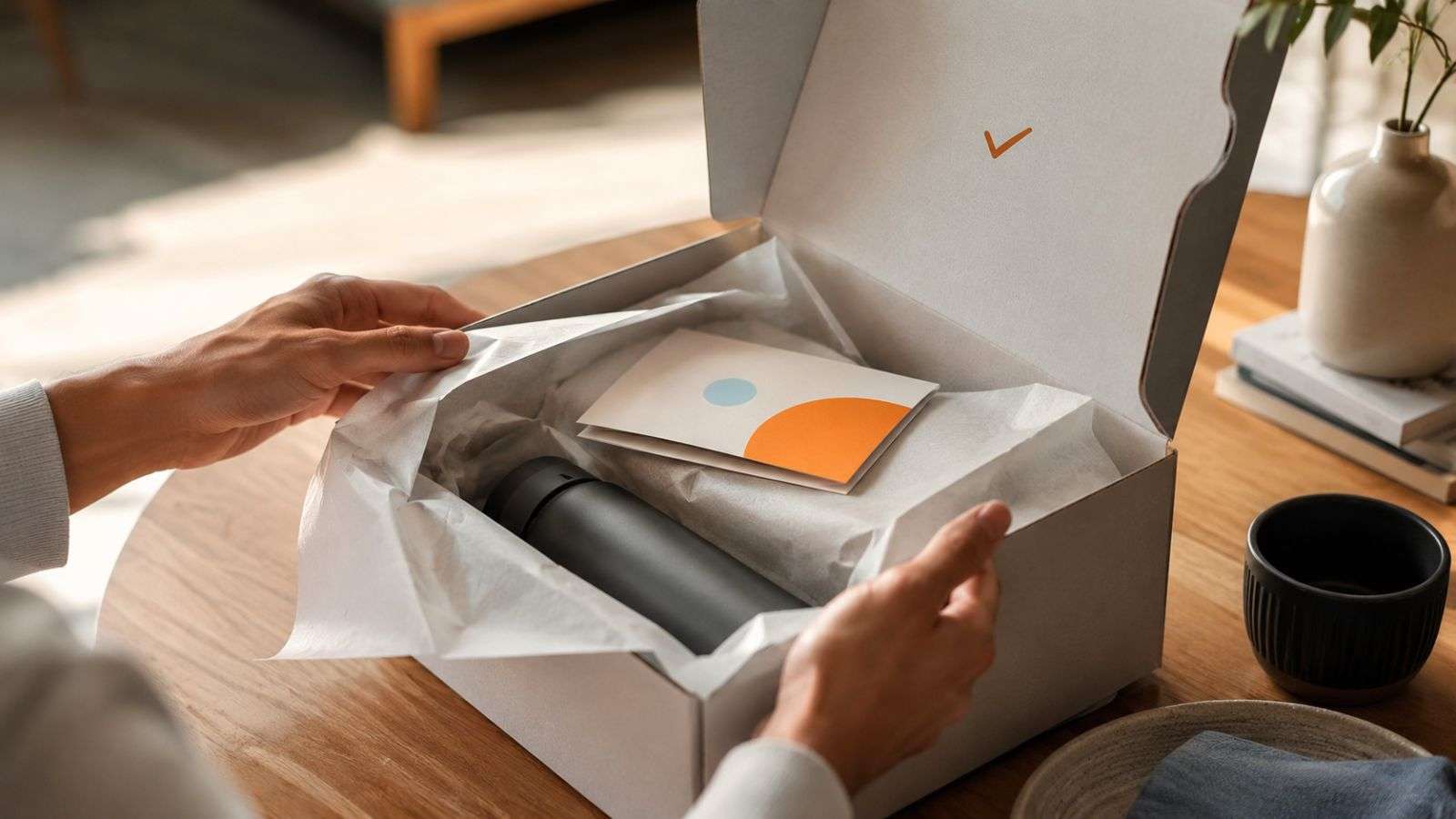 Manos abriendo un paquete de compra por internet sobre una mesa cálida y moderna mostrando la experiencia postcompra