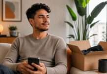 Persona en casa después de recibir una compra por internet, en una escena que representa la atención al cliente digital y la experiencia postcompra
