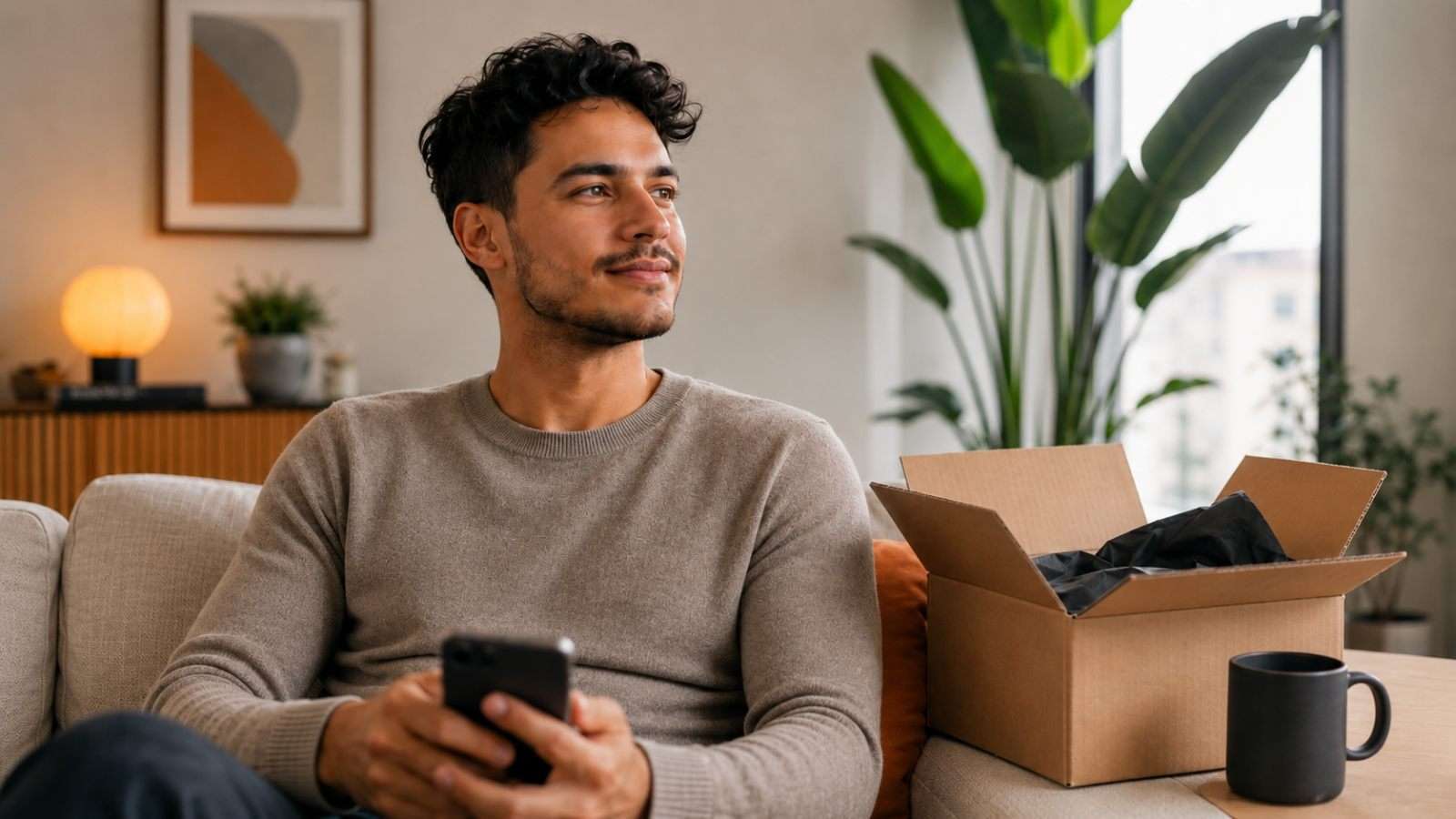 Persona en casa después de recibir una compra por internet, en una escena que representa la atención al cliente digital y la experiencia postcompra