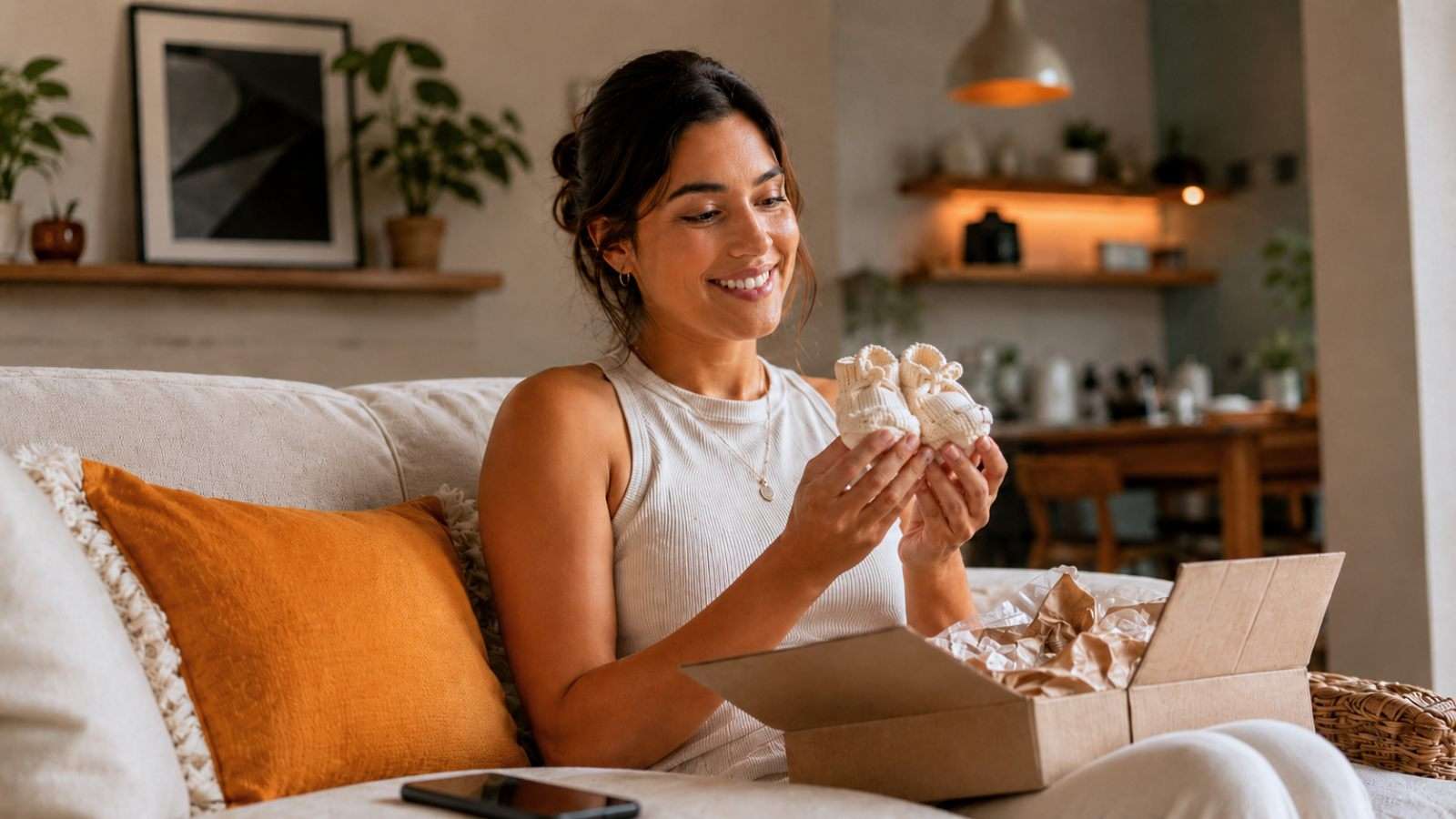 Persona disfruta una compra reciente en casa después de una experiencia positiva de atención digital