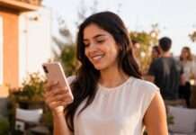 Antes de compartir: 5 señales para revisar un contenido que circula rápido Mujer joven observa su celular en una reunión al aire libre antes de compartir contenido digital