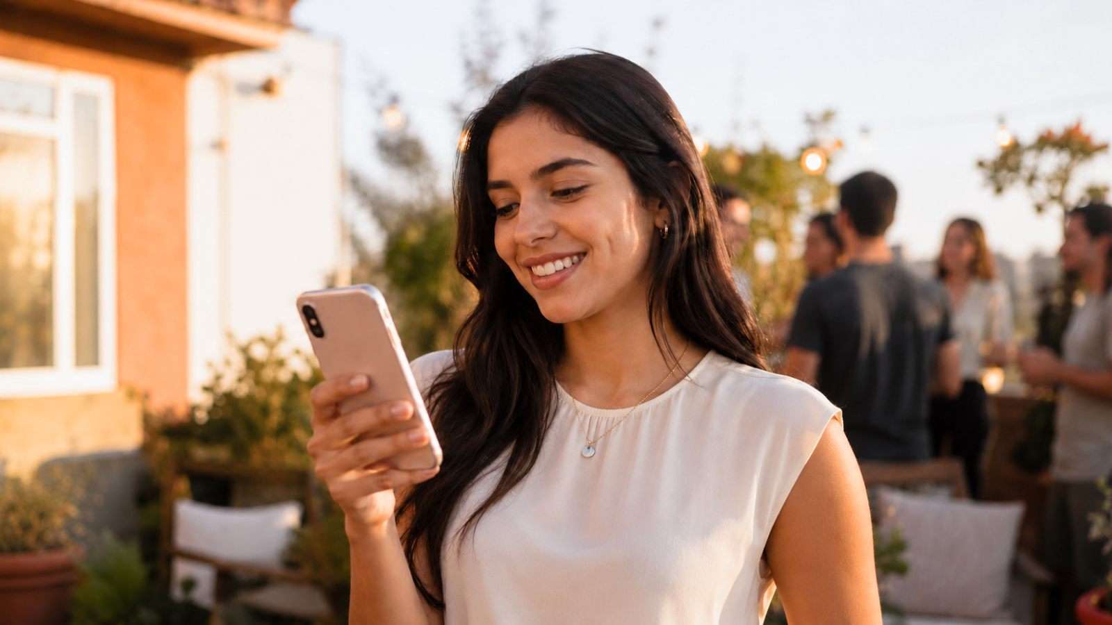 Mujer joven observa su celular en una reunión al aire libre antes de compartir contenido digital