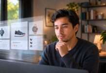 Joven evaluando una experiencia de compra por internet asistida por IA, con interfaz de ecommerce desenfocada.