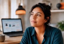 La confianza digital no termina cuando damos clic en comprar Mujer reflexionando después de una compra por internet.