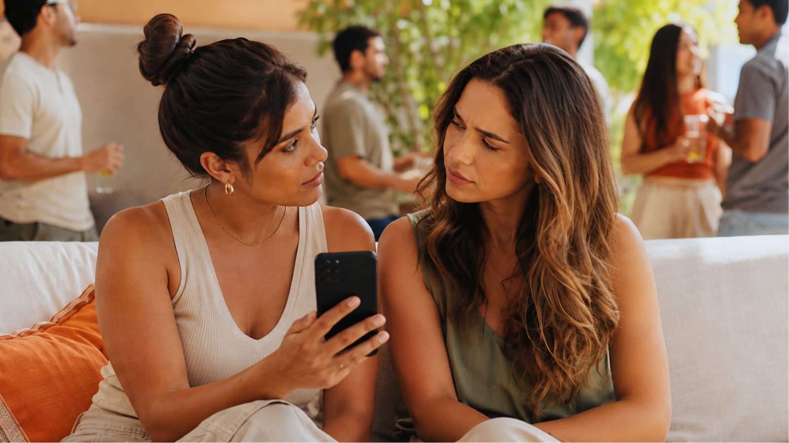 Dos mujeres jóvenes observan un celular con atención en una reunión informal al aire libre