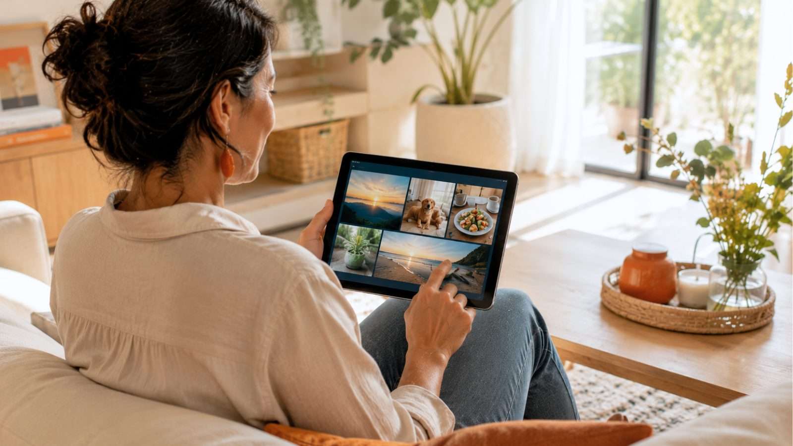 Persona observa fotografías guardadas en una tablet dentro de un hogar luminoso