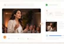 Interfaz digital con una imagen noticiosa en revisión, una tarjeta de comparación y una señal de verificación