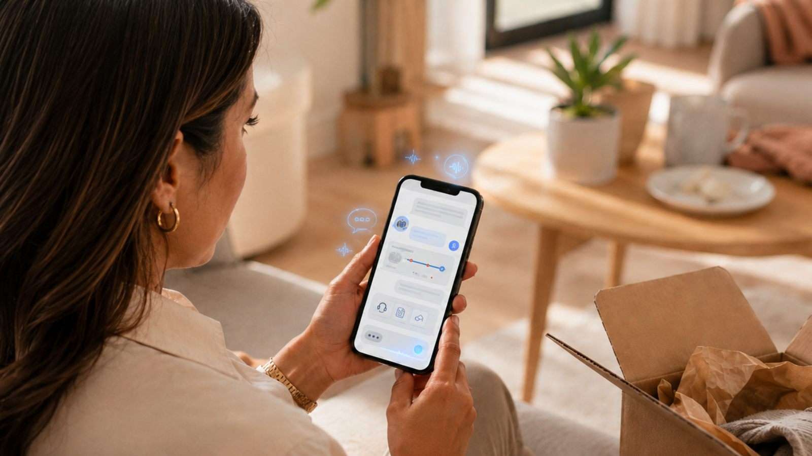Persona revisa en un celular una interfaz de atención al cliente con IA después de comprar por internet