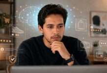 Joven mirando un monitor mientras evalúa señales de compra digital con elementos visuales de ecommerce alrededor.