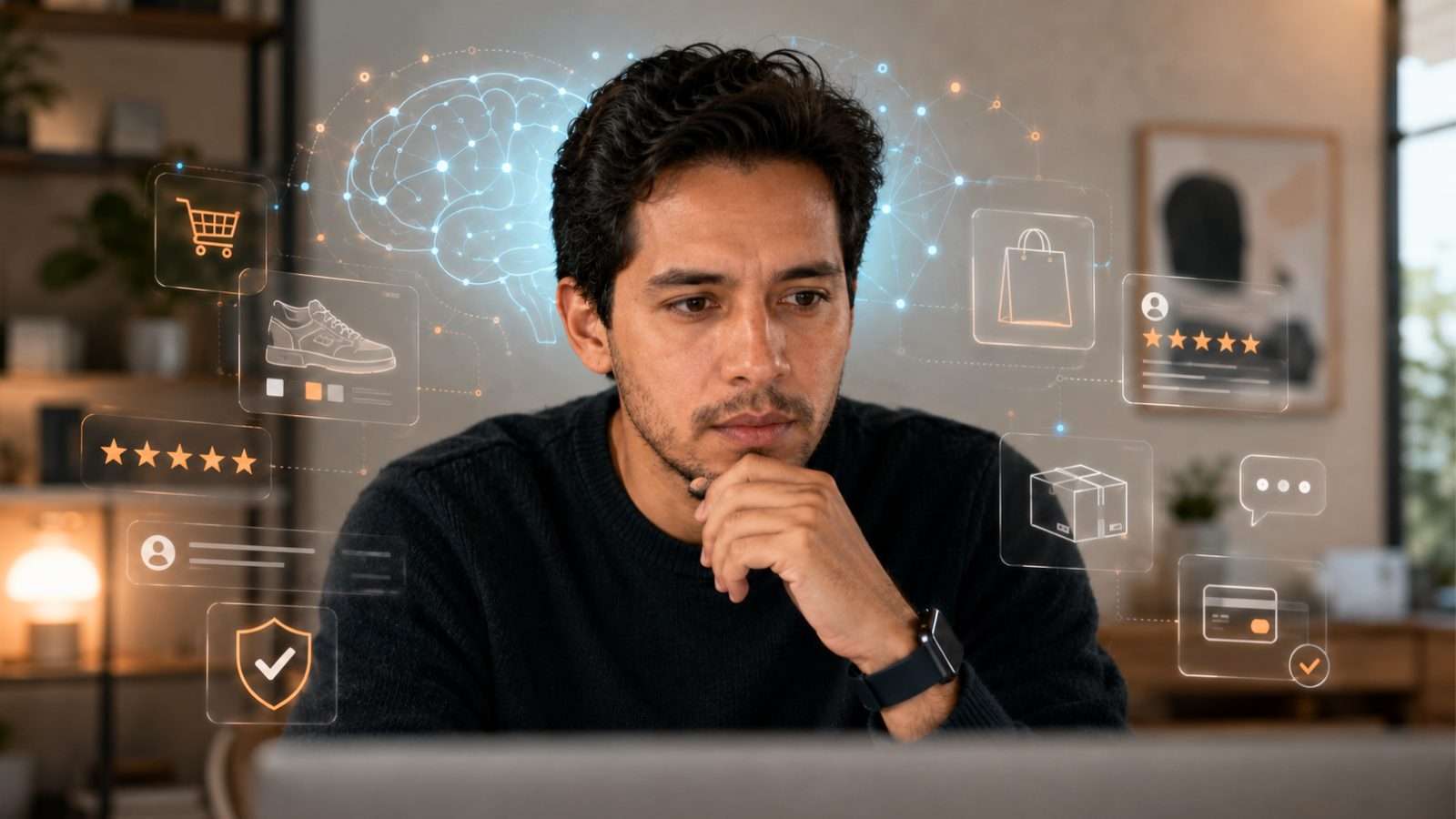 Joven mirando un monitor mientras evalúa señales de compra digital con elementos visuales de ecommerce alrededor.