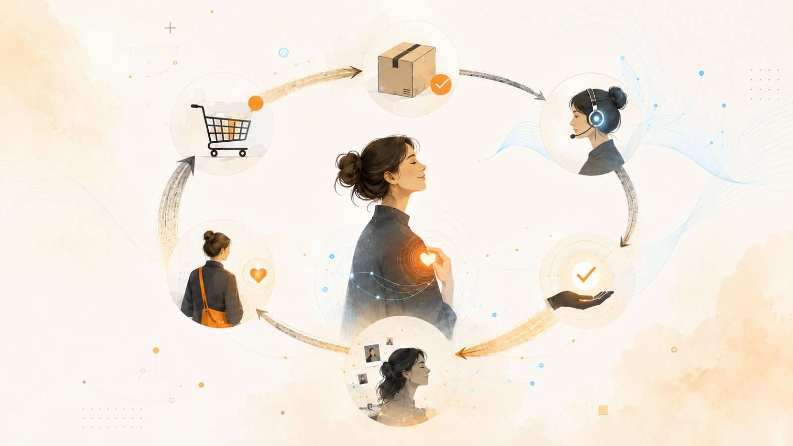 Ilustración conceptual sobre lealtad digital, experiencia postcompra y continuidad asistida por inteligencia artificial