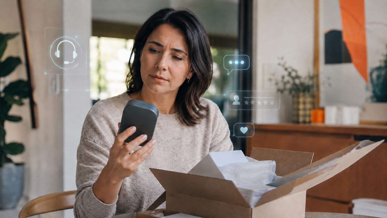 Persona observando con duda un paquete abierto después de una compra en línea.