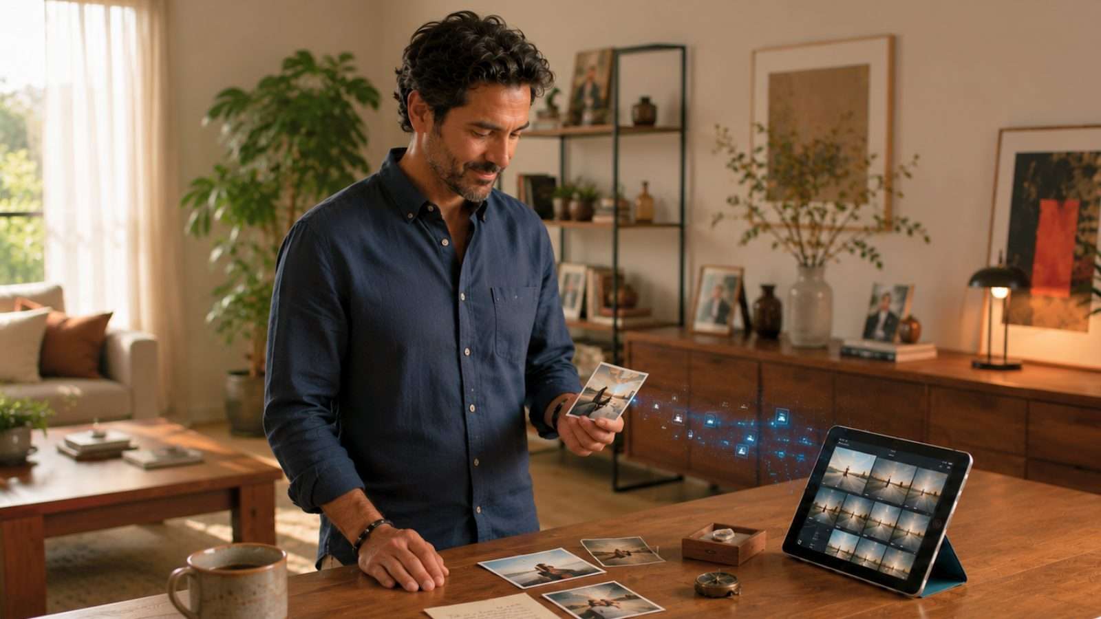 Persona observa fotografías impresas junto a una tablet con un archivo digital de recuerdos