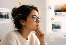 Ilustración editorial de una mente humana evaluando información digital, señales de desinformación y confianza en internet