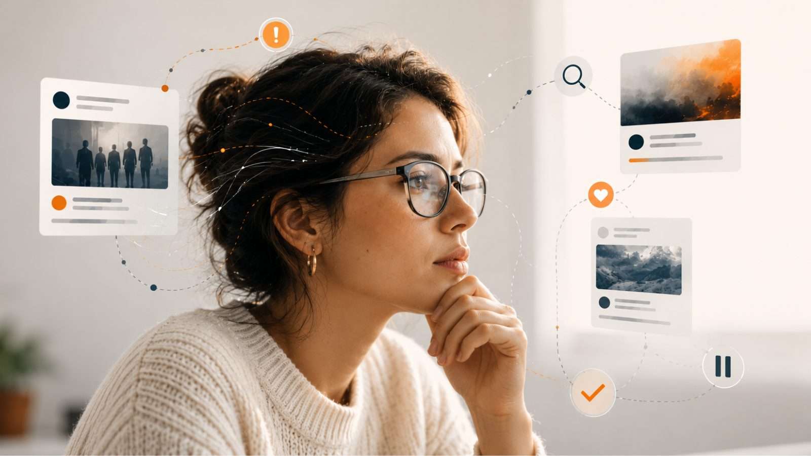 Ilustración editorial de una mente humana evaluando información digital, señales de desinformación y confianza en internet
