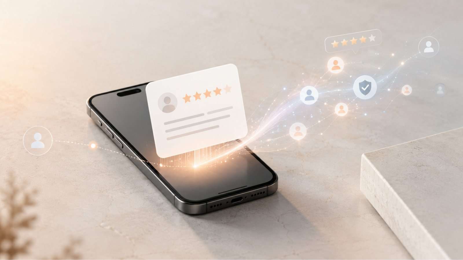 Teléfono con una reseña digital que deja una huella visual e influye en decisiones en internet