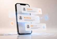 Reseñas digitales: las voces que mueven la confianza y el comercio en internet Interfaz de reseñas digitales con señales de inteligencia artificial, verificación y confianza en internet