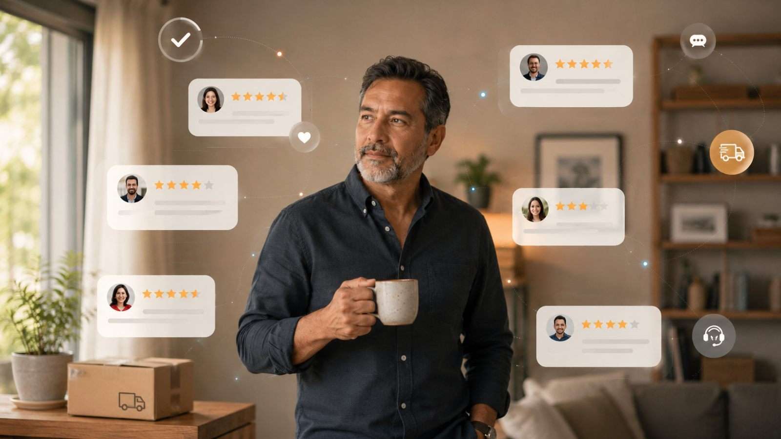 Persona rodeada de señales visuales de reseñas y reputación después de una compra por internet