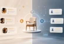 ¿Podemos confiar en las reseñas cuando la IA también puede escribirlas? Ilustración conceptual sobre reseñas auténticas y reseñas generadas con inteligencia artificial en internet