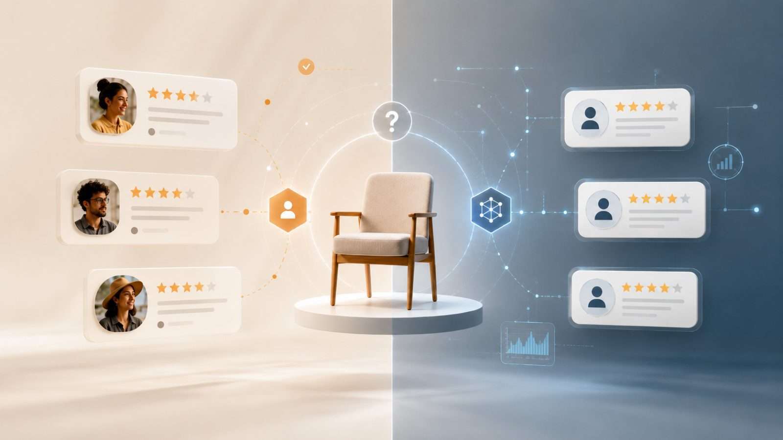 Ilustración conceptual sobre reseñas auténticas y reseñas generadas con inteligencia artificial en internet
