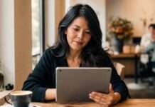 Mujer revisa información en una tablet dentro de una cafetería antes de creer o compartir contenido digital