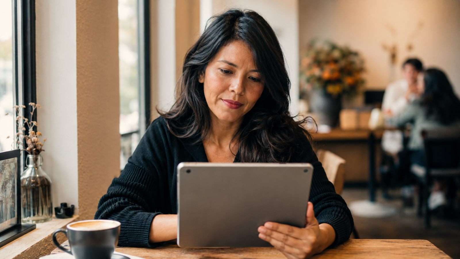 Mujer revisa información en una tablet dentro de una cafetería antes de creer o compartir contenido digital