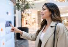 Joven interactuando con una pantalla digital en un centro comercial