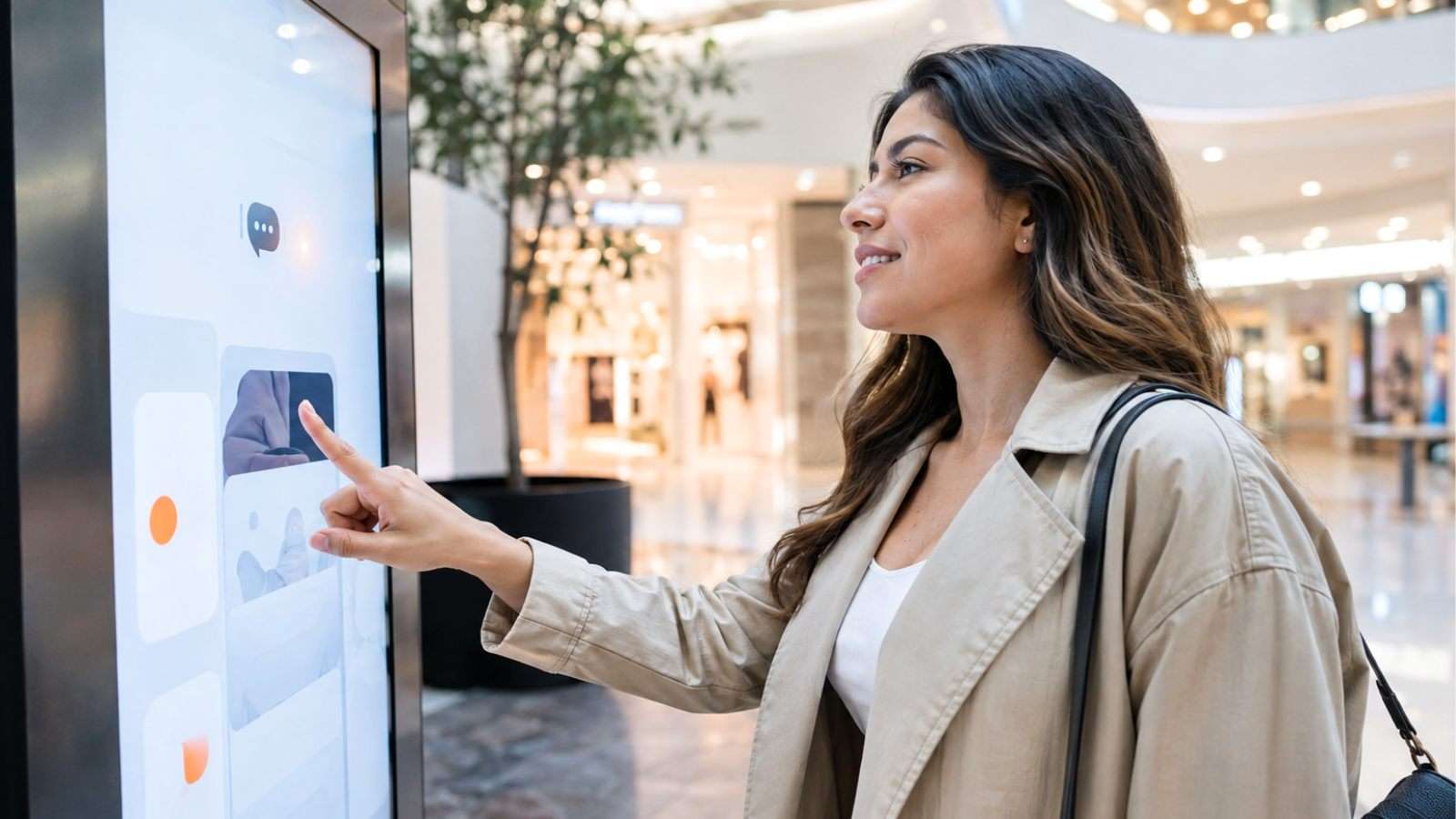 Joven interactuando con una pantalla digital en un centro comercial
