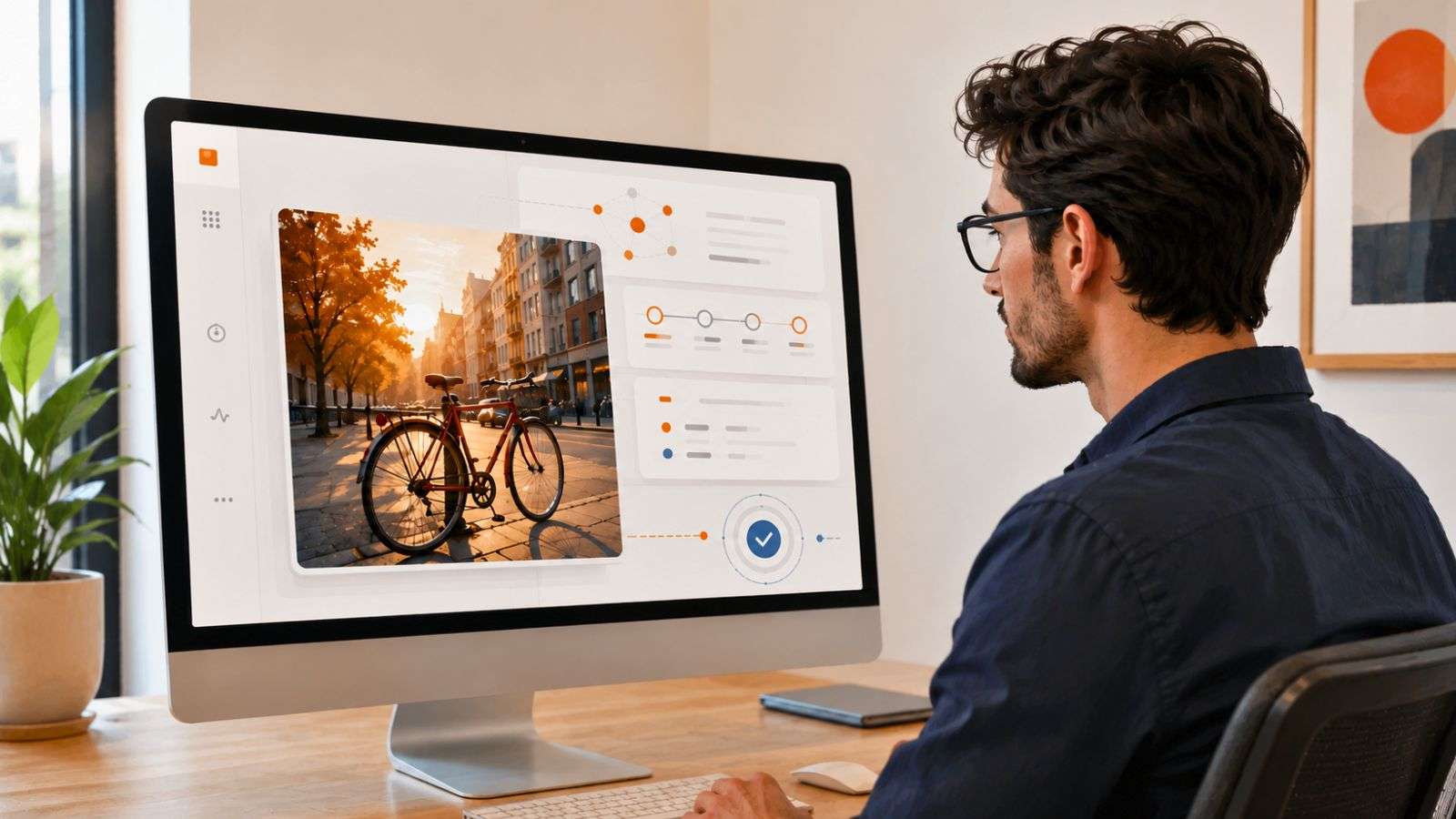 Persona observa una imagen digital acompañada por capas de información que representan su procedencia, cambios y verificación.
