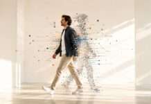 Persona caminando con una sombra digital formada por señales y conexiones que representan cómo los sistemas interpretan la actividad en internet.