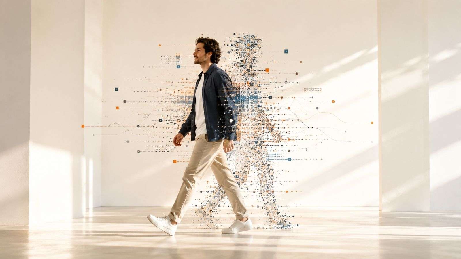 Persona caminando con una sombra digital formada por señales y conexiones que representan cómo los sistemas interpretan la actividad en internet.