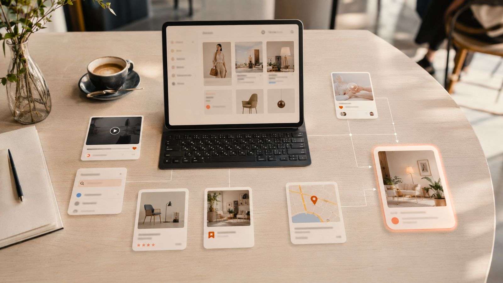 Mesa de trabajo con varias fichas digitales que representan acciones en internet y convergen en una recomendación sugerida.