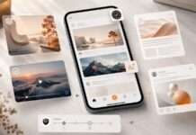 Contenido generado con IA: cómo cambia la confianza en internet Interfaz digital con smartphone y tarjetas de contenido generado con IA en un entorno editorial moderno