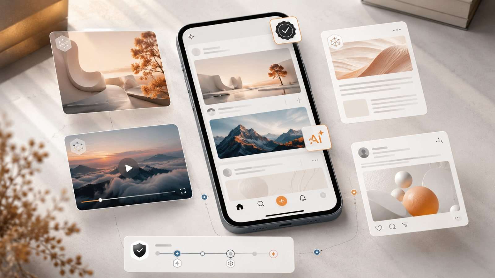 Interfaz digital con smartphone y tarjetas de contenido generado con IA en un entorno editorial moderno