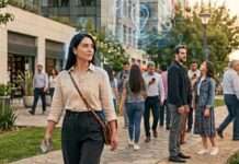 Personas en una ciudad con señales digitales que representan datos de ubicación y movimiento.