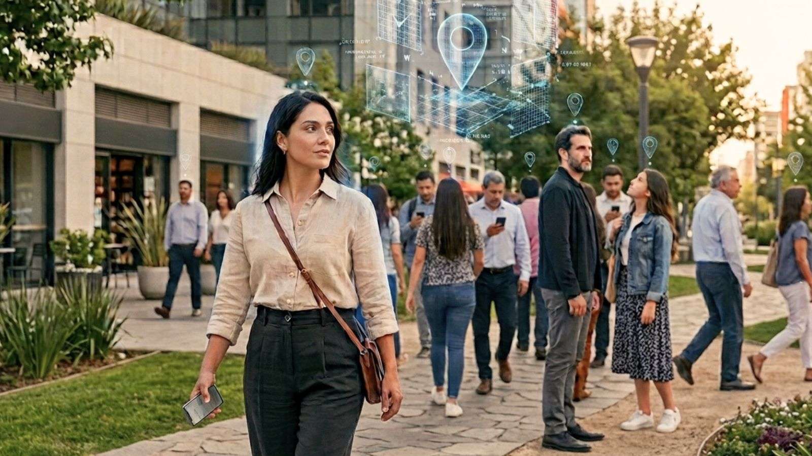 Personas en una ciudad con señales digitales que representan datos de ubicación y movimiento.