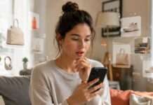 Mujer observa su teléfono mientras a su alrededor aparecen señales visuales relacionadas con recomendaciones y personalización digital.